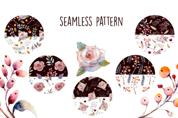 Seamless Pattern Rose Flowers Berries